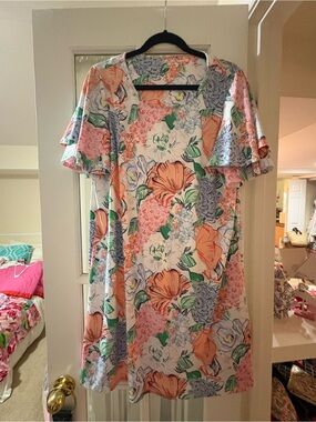 Kim Rogers Floral Flutter-Sleeve Casual Dress - Pink, Coral & Green